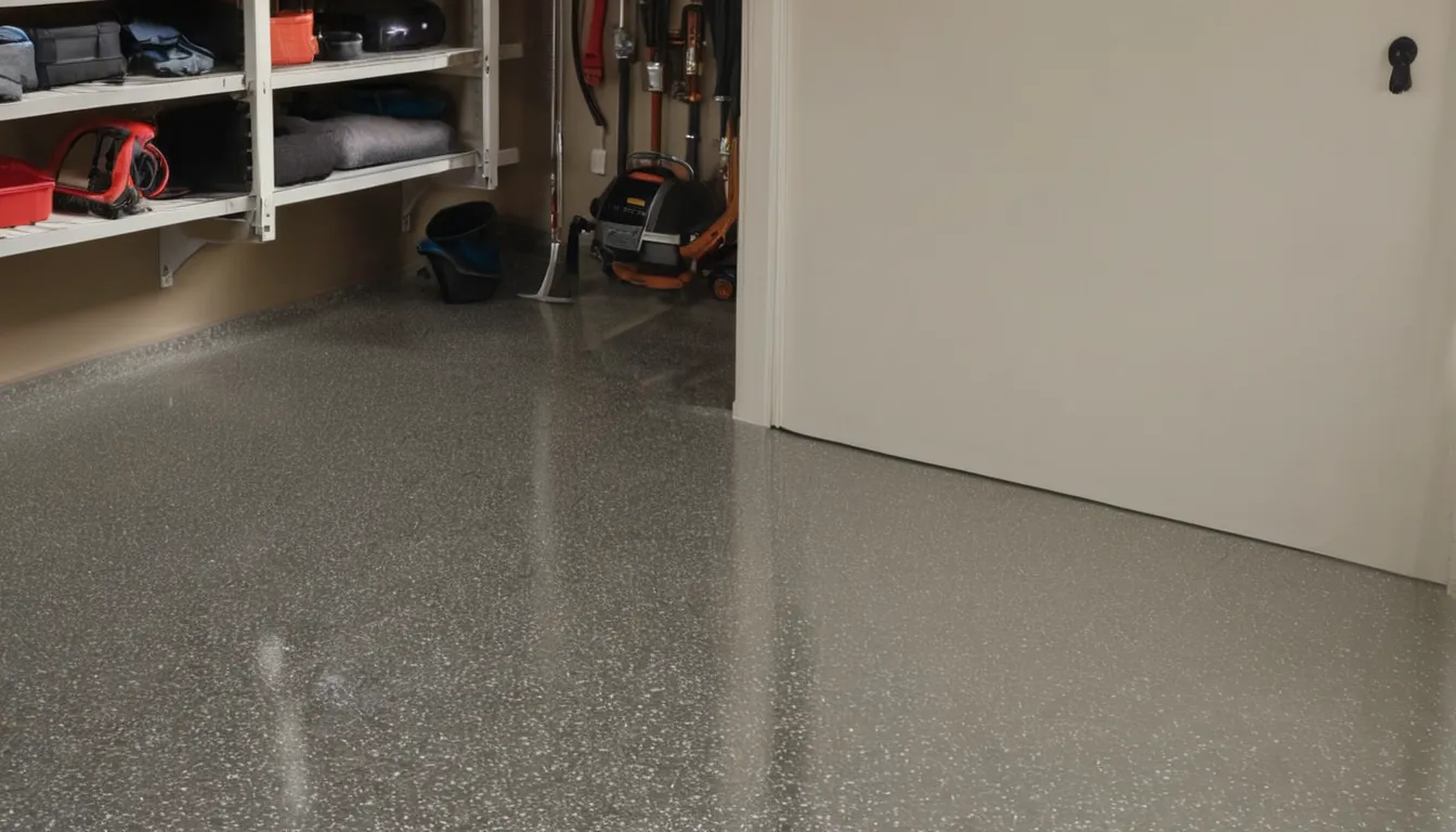 Freshly coated epoxy garage floor with tan flake finish in a home near Hampstead